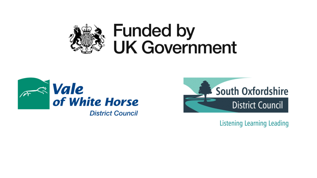 Logos that read: Funded by UK Government. Vale of White Horse District Council. South Oxfordshire District Council